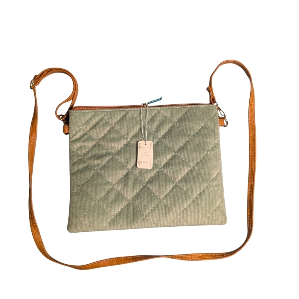 New Be Clever Soft Green Quilted Crossbody Bag Makeup Purse Tan Adjustable Strap